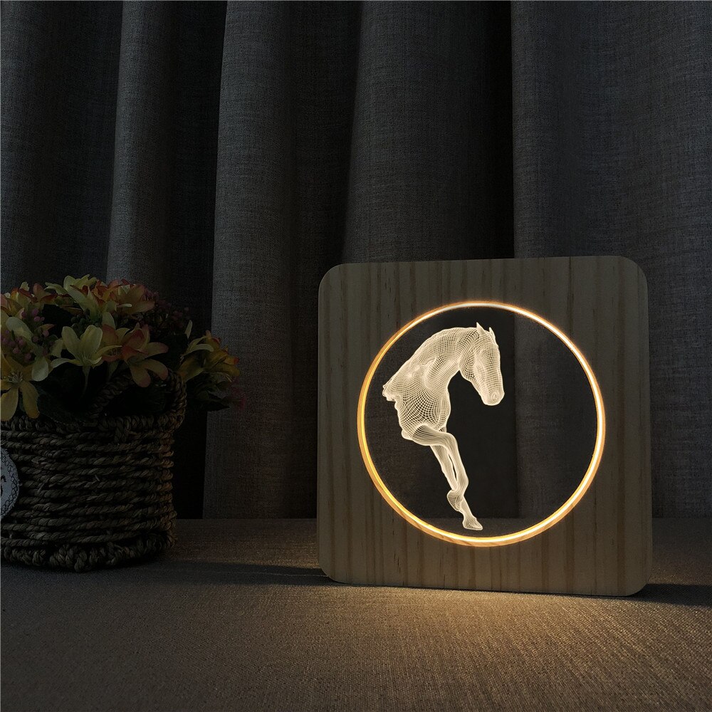 아트 말 스타일 3D LED Arylic 나무 밤 램프, 테이블 조명 스위치 제어 조각 램프 어린이 방 장식 선물
